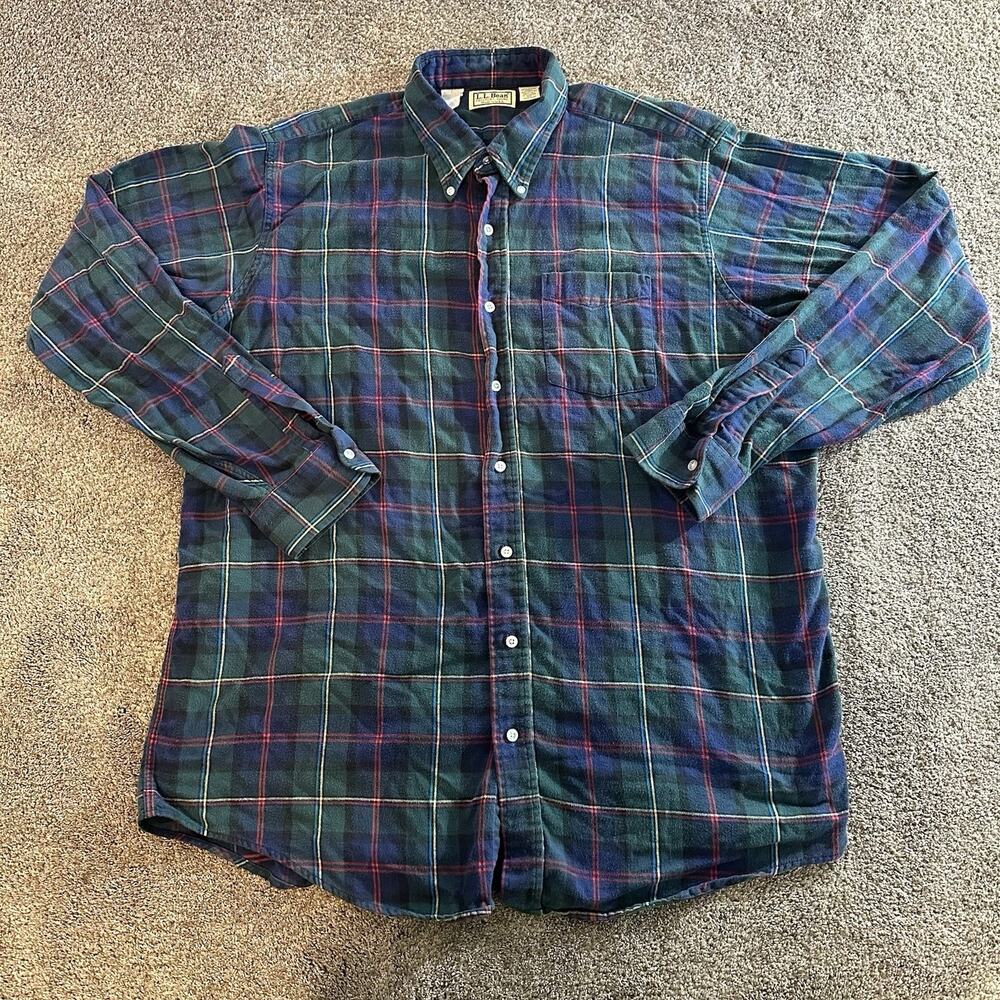 Vintage LL Bean Shirt Mens XLT Green Blue Plaid Flannel Button Long Sleeve USA